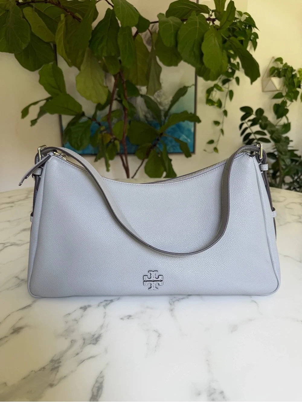 Tory Burch Thea Zip Top Leather Shoulder Bag Misty Cloud Gray